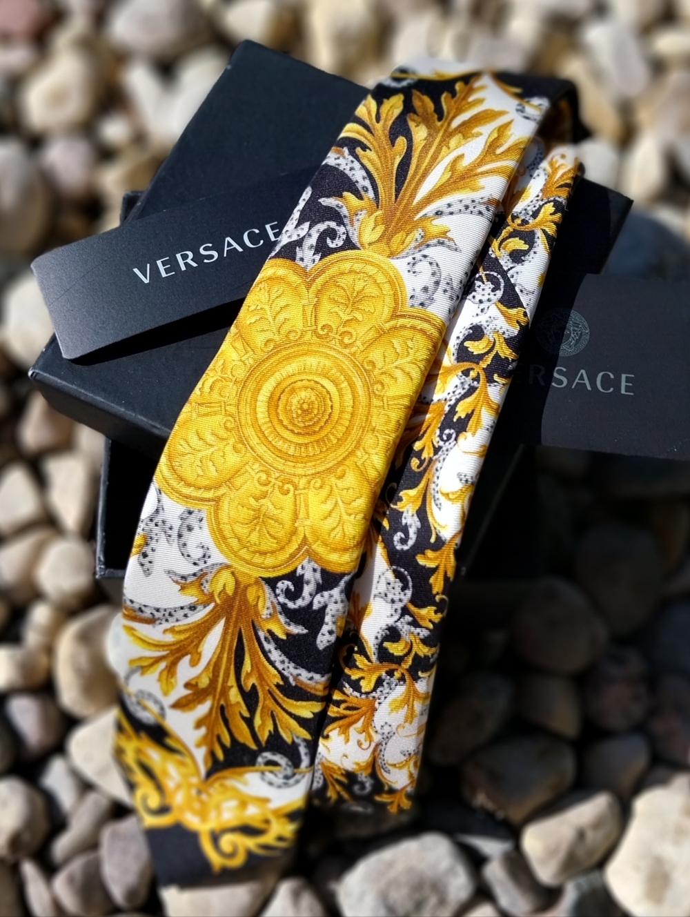 Versace Black, White & Gold Barocco Silk Tie Luxury Designer